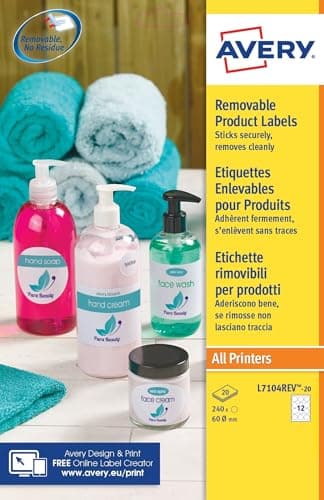 Avery España L7104REV-20, Etiquetas blancas adhesivas removibles redondas, 60mm, Caja de 240 etiquetas
