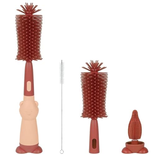 Vicloon Cepillo para Biberones, 3 en 1 Kit Cepillo de Silicona para Botella, Cepillo de Pezón Limpieza de Botellas para Bebés Kit para Botellas y Tetina, Sin BPA(Rojo)