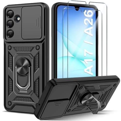 Guisessy Funda para Samsung Galaxy A17 / A26 5G Armor Carcasa Cubierta de cámara Deslizante Proteger con 2 Pack Cristal Templado Protector, con 360 Anillo Soporte PC y Silicona TPU Case, Negro