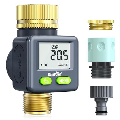 RAINPOINT Medidor de agua con entrada y salida de latón, práctico reloj de agua para jardín, 4 modos de control del consumo de agua, medidor de cantidad de agua, medidor de flujo giratorio 180°
