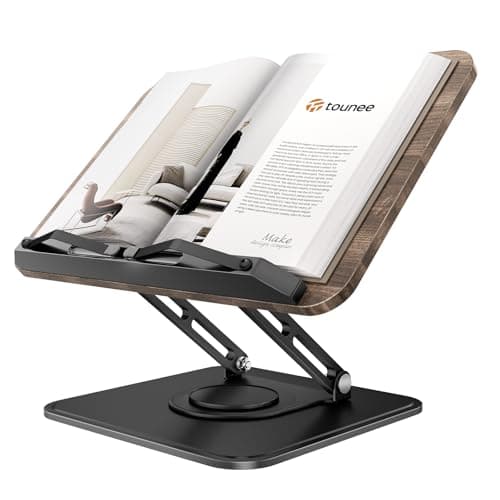 Tounee Atril, Soporte Giratorio 360° para Libros, Ajustable y Plegable, Manos Libres con Clips Protectores. Ideal para Libros de Cocina/Recetas y Escritorio, Compatible con Todo Tipo de Libros - Negro