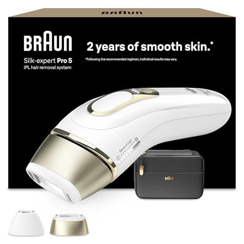 Braun Luz Pulsada Silk·expert Pro 5, Alternativa a Depiladora Laser, Eliminación del Vello en Casa, Depiladora IPL con Funda Y 2 Cabezales para Cara Y Cuerpo, Blanca/Dorada, PL5140