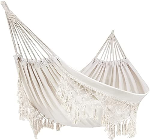 Hamaca al Aire Libre Cámping Hamacas de jardín Cama de Hamaca de algodón Hamacas con Flecos de macramé amaca Balcón Boho amaca de borlas Hecha Mano amacas (Azul, 240x150cm, 200kg)
