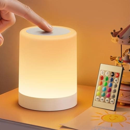 Auxmir Lámpara de Mesita de Noche, 3000mAh Recargable Lámpara LED de Mesa con USB, Temporizador, Control Táctil y Remoto, 13 Colores de Luz Regulable, Lámpara Noche Inalámbrica Colgante, Blanco
