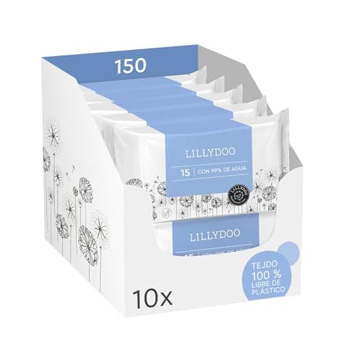 Toallitas húmedas para bebés LILLYDOO con un 99% de agua, 10 paquetes de 15 (150 unidades), 100% libres de plástico sin perfumes y tan suave como el algodón y el agua