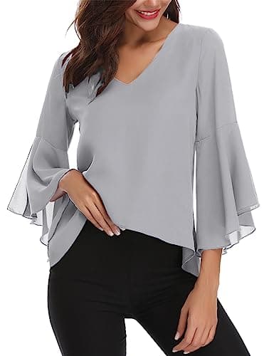 Gyabnw Blusas Mujer Elegante 3/4 Manga Blusa Informal de chifón Verano, Transpirable con Volantes, Cuello en V, Blusa Ligera para Primavera Verano Otoño