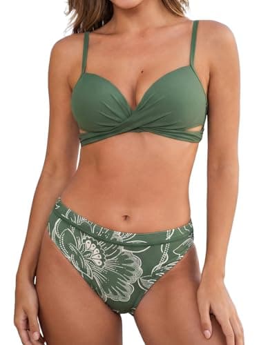 CUPSHE Conjunto de bikini envolvente con lazo y hojas para mujer, halter con lazo en la espalda, traje de baño de cintura baja, S
