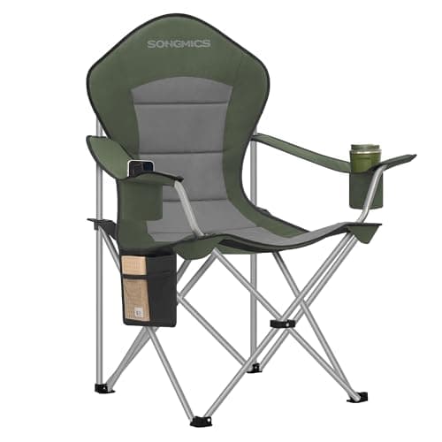 SONGMICS Silla de Camping, Silla Plegable y Portátil con Asiento Amplio, Respaldo Alto, con Portavasos, Soporte para Móvil, Organizador de Tela, Verde y Gris GCB005CD01