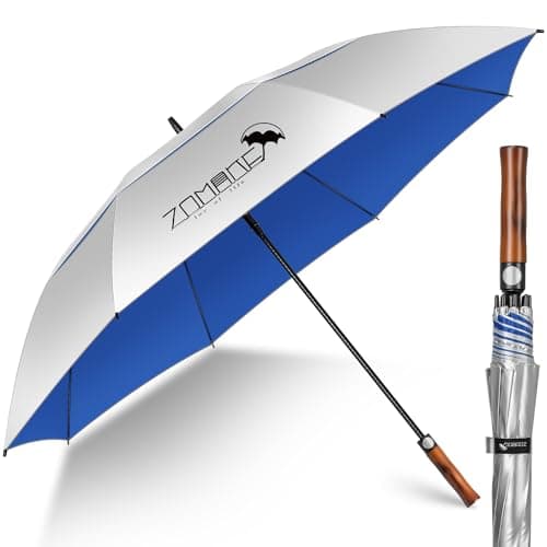 ZOMAKE Paraguas Golf Grande XXL de Sol,62 pulgadas UV Paraguas Antiviento con Ventilado Doble Cubierta para Hombre Mujer Con Mango de Madera(Plateado Azul Marino)