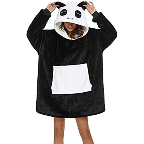 LATH.PIN Panda Manta-sudadera de gran tamaño con capucha de franela, unisex, Negro , S