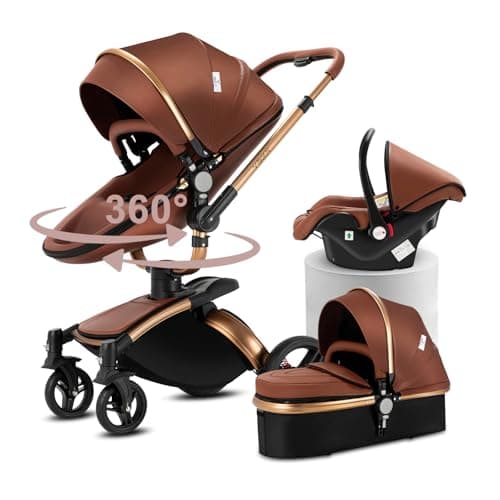Doraystar 360° Rotación Cuero PU Carro Bebe 3 Piezas, Carrito Bebe 3 en 1 Plegable con Un Solo Clic, Cochecito Bebe 3 Piezas con Capazo Grande Cómodo, Carricoche Bebe 3 Piezas Alto Paisaje (906 Brown)