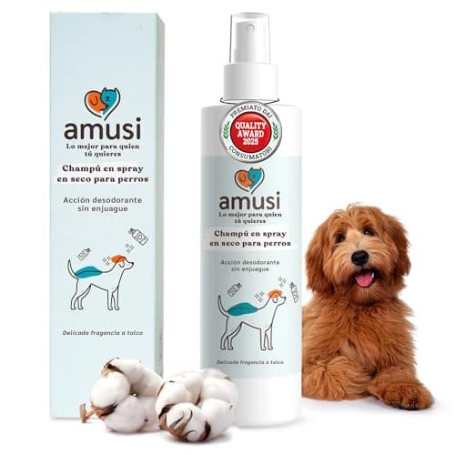 amusi Champú en Seco Perros - Champú para Perros en Spray sin Enjuague, Champu Perros Hipoalergénico - Champu Perro con Ingredientes Naturales, Secado Rápido y No Es Necesario Enjuagar | 250 ml