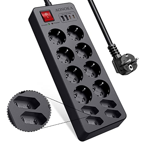 Regleta 12 Enchufes Proteccion Sobretension con USB C, Regleta 12 Tomas con Interruptor, Ladron Enchufes Multiples con 2 USB-C y 2 USB-A, Alargador Tomadas Power Strip Pared, 1,5m Cable, Negro