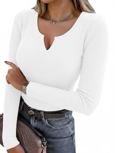 Aottori Camiseta Blanco Mujer Manga Larga Basica Tops Cuello en V Elegante Acanalada Punto Blusas Shirts Elástico Ligero Liso Casual Túnica Camisetas Blanco S
