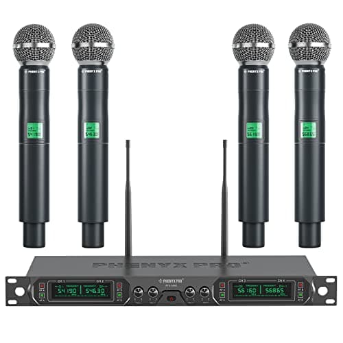 Phenyx Pro 4-Canales UHF Sistema de Micrófono Inalámbrico de Metal, de Frecuencia Fija con 4 Micrófonos Dinámicos de Mano, Alcance de 260ft, para Cantar, Iglesia(PTU-5000-4H)