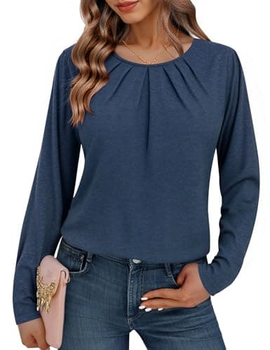 Totatuit Top Mujer Básico Cuello Redondo Plisado Manga Larga Algodón Suave Confort Estilo Moderno Otoño Invierno Azul Marino，M