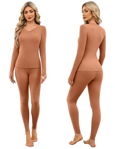 Ekouaer Ropa Termica Mujer Camiseta Termica Mujer Manga Larga & Pantalon Termico Camiseta Interior Cuello en V Ajustado Suave, Marrón M