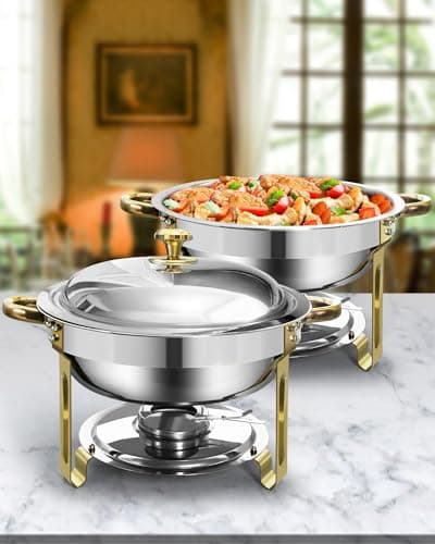 Chafing Dish Buffet Set 6L, 2 Unidades – Fuentes Redondas de Acero Inoxidable Color Oro y Plata con Porta Tapas, Calentador de Alimentos para Catering, Bodas, Banquetes y Fiestas