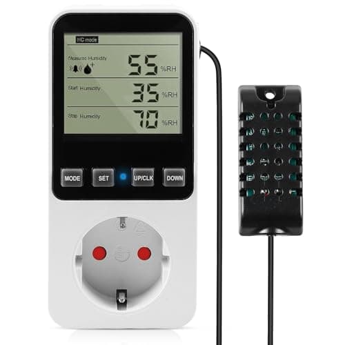 Regulador de temperatura y humedad de 230 V con sonda – Termostato higrostato digital con enchufe, temporizador, alarma y controlador para invernaderos, acuarios, terrarios y setas