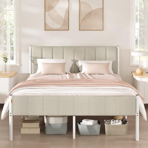VASAGLE Marco de Cama Doble, 160 x 200 cm, con Cabecero Tapizado, de Metal, 500 kg de Capacidad de Peso, Fácil Montaje, Beige Capuchino RMB975LH01