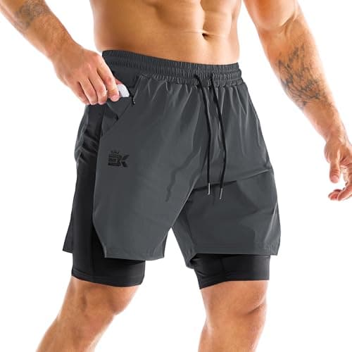 ZENWILL DualArmor Pantalones Cortos Hombre Running Cremallera 2 en 1 Pantalón Corto Deporte Hombre Gym Secado Rápido(Gris Oscuro,S)