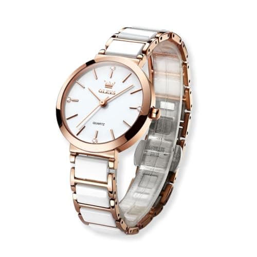 Raitown Reloj Mujer Cerámica Oro Rosa Acero Inoxidable, Impermeable, Movimiento Cuarzo Japonés, 9mm Ultra Delgado, 30mm Pequeño Dial, para Muñecas Finas/Medianas, Clásico Minimalista (Negro/Blanco)