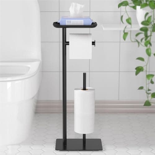 niffgaff Portarrollos de papel higiénico de pie negro con estante superior, soporte para papel higiénico de acero inoxidable con espacio para 4 rollos de repuesto