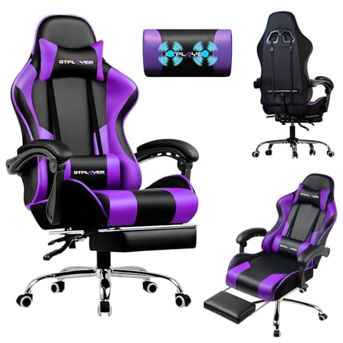 LUCKRACER Silla Gaming con Masaje Ergonómica | Reposapiés y Reposacabezas Retráctil | Soporte 150 kg | Oficina y Hogar | Color Púrpura