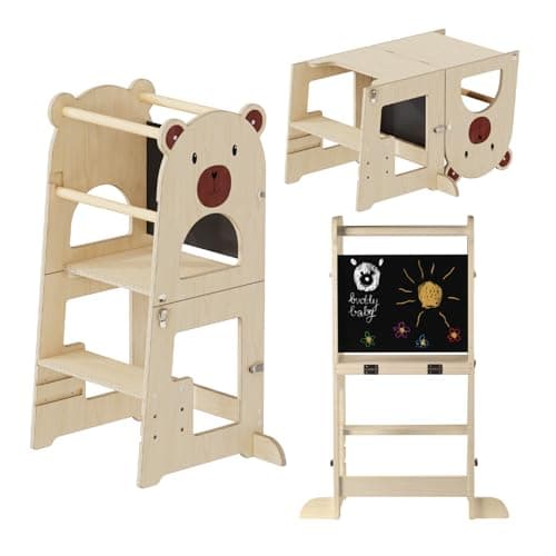 Buddy Baby Xperimenta - Torre de Aprendizaje de Madera Maciza Montessori para niños-Convertible en Escritorio Infantil y Taburete -Torre ayudante de Cocina Plegable con Barra de Seguridad