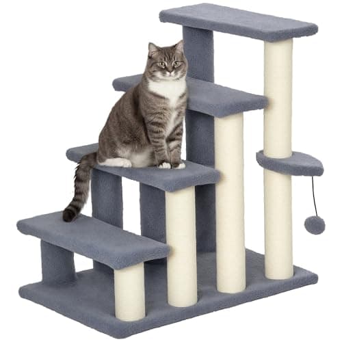 PawHut Escalera para Gatos de 4 Niveles, Escalera para Mascotas, Cubierto de Suave Felpa, Poste de Yute, Bola Colgante, Árbol Rascador para Gatos, 60x40x64 cm, Gris