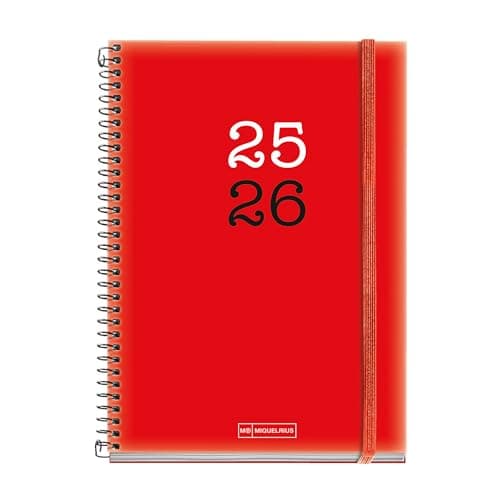 Miquelrius - Agenda Escolar 2025 2026, Planificador 12 Meses: Septiembre a Agosto, Tamaño 150 x 213 mm, Día Página, Cubierta de Polipropileno Opaco, Cierre con Goma, Español-Inglés