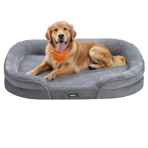 Feandrea Cama para Perros Grandes, 106 x 76 x 18 cm, Ortopédica, Espuma de Nido de Abeja, Forro Repelente al Agua, Bordes Elevados, Funda Extraíble y Lavable, Gris Claro PGW283G01