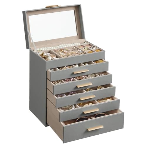 SONGMICS Colección GISELLA - Caja de Joyas, Caja Joyero de 6 Niveles, Estuche de Joyería, con 5 Cajones, Gran Capacidad, Estilo Moderno, Gris Paloma y Dorado, 16,3 x 25,1 x 29 cm JBC171G01
