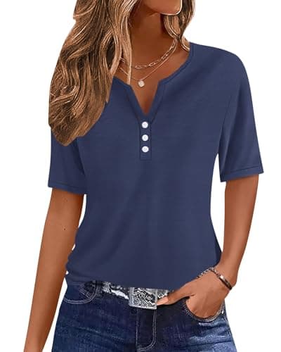 WNEEDU Camisetas de verano para mujer, cuello en V, botones, blusas de manga corta, blusas tipo túnica casuales Henley, azul marino, L