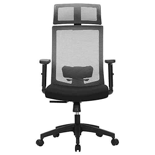 SONGMICS Silla de Oficina de Malla, Silla de Escritorio, Giratorio de 360°, Soporte Lumbar Ajustable, Apoyacabezas y Apoyabrazos, Inclinación del Respaldo hasta 120°, Gris OBN55BG
