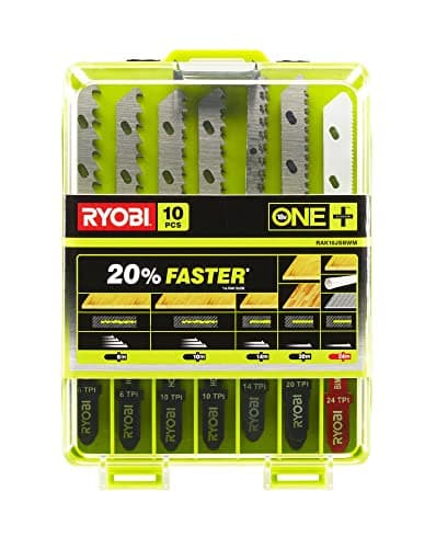 RYOBI - Juego de 10 Hojas de Corte ONE+ para Sierra de Calar Sin Cable - Para Madera, Metal y Plástico - 20% más Rápidas - Liberación Eficiente del Material - Montaje en T con Espiga - RAK10JSBWM