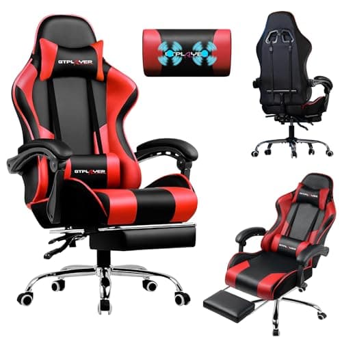 LUCKRACER Silla Gaming con Masaje Ergonómica | Reposapiés y Reposacabezas Retráctil | Soporte 150 kg | Oficina y Hogar | Color Rojo