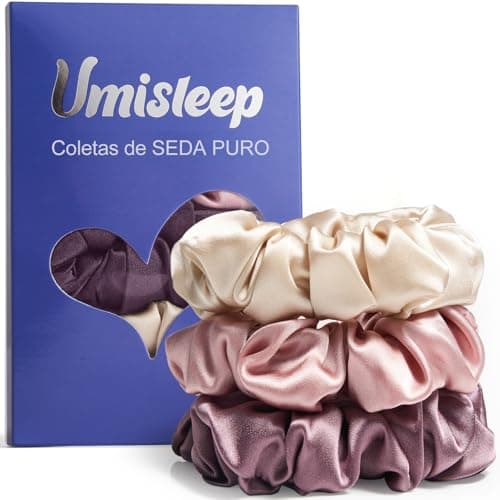 Umisleep Gomas De Pelo 22 Momme 100% Seda De Morera Coleteros Pelo Para Mujer, Scrunchies Elásticas, Suaves Y Durables -3 Pack (rosa, champán y morado)