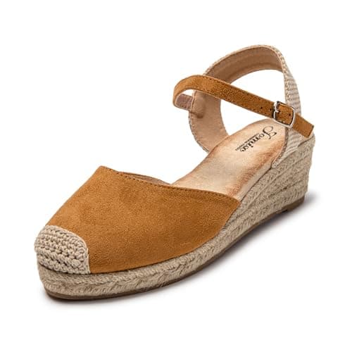 JOMIX Sandalias Mujer Verano con Cuñas Esparto, Alpargatas Cómodas para Playa, Piscina, Mar con Hebilla, Camello, 39 EU