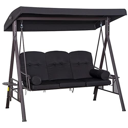 Outsunny Balancín de Jardín Exterior de 3 Plazas Columpio de Jardín Exterior con Toldo Curvo 2 Bandejas Laterales y 2 Almohadas de Brazo para Balcón Terraza Patio Carga 360 kg 206x116x183 cm Negro