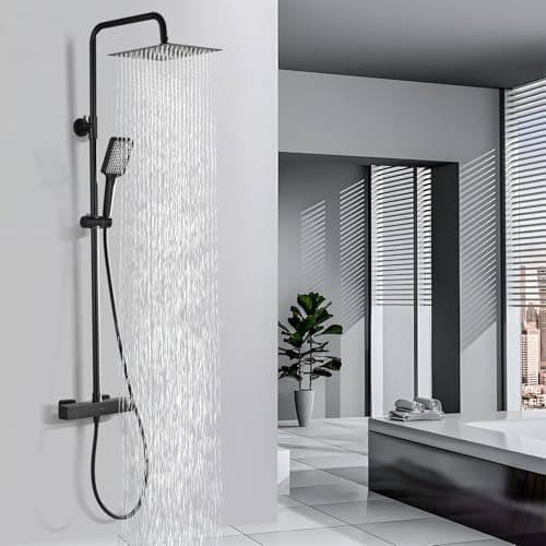 DETBOM Columna Ducha Termostática, Set de Ducha Cuadrado Acero Inox, Cabezal de Ducha de Lluvia, Barra Ducha de Altura Ajustable, Negro Mate
