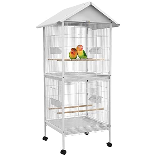 PawHut Jaula para Pájaros Grande de 2 Pisos Convertible en Sola Jaula con Ruedas 4 Comederos 4 Perchas y Bandejas Extraíbles para Canarios Loros 78x75x168 cm Blanco