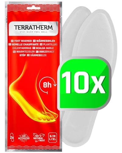 TerraTherm Plantillas Calentadoras - Activado por Aire - para 8 Horas de pies Calientes - 5, 10 o 30 Pares - 100% Calor Natural - Almohadillas Termicas - 10 Pares