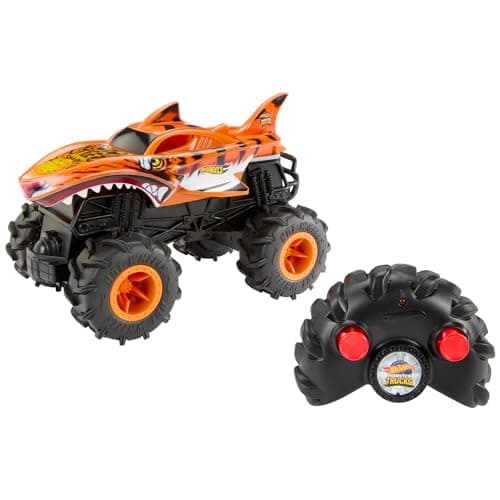 Hot Wheels Monster Trucks Coche Teledirigido, HW Tiger Shark RC, Coche de juguete todoterreno con mando radio control con alcance de 30 metros, escala 1:24, regalo para niños y niñas +4 años, HNV03