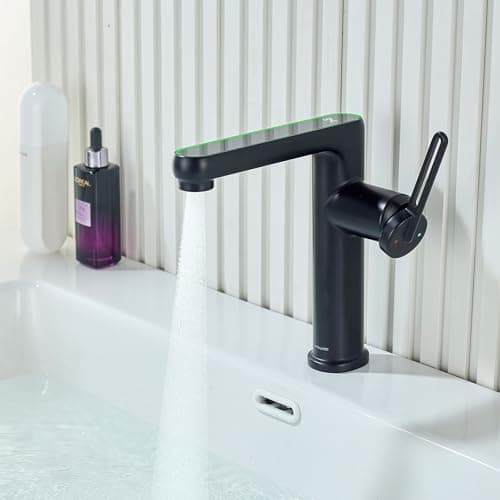 LakeBayMZC Grifo de Baño con indicador LED de Temperatura,Grifo de Lavabo,Mezclador de Lavabo de Baño,Grifos Monomando,Agua Fría y Caliente,Negro