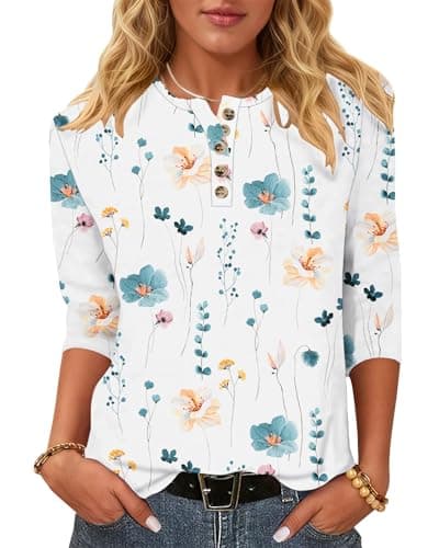 WNEEDU Camiseta de Manga 3/4 Mujer - Blusa Casual Henley Camisas con Cuello Redondo Jersey Ligero con Botones S