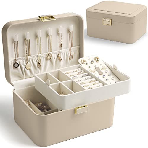 KAMIER Organizador de joyas para mujer, cajas organizadoras de joyas de 2 capas para aretes, pulseras, anillos, collares, cuero de lujo y forro de terciopelo suave, embalaje en caja de regalo,beige
