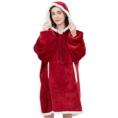 Viviland - Sudadera extragrande de estilo manta con capucha, de tejido sherpa, suave y cálida, con bolsillo frontal grande, para adultos, rojo
