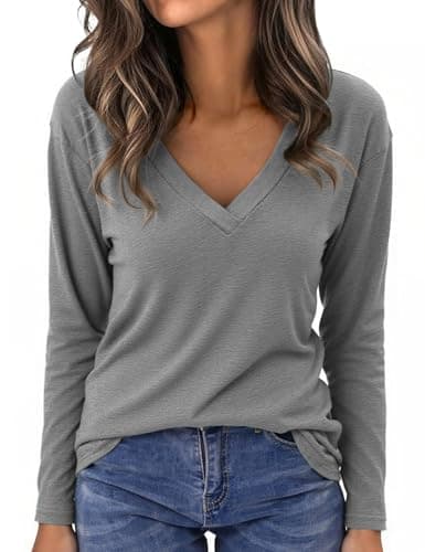 Aottori Camiseta Manga Larga Mujer Básica Top Cuello en V Elegante Blusa Camisas Suelta Trabajo Informal Pullover tee Shirts Gris XL