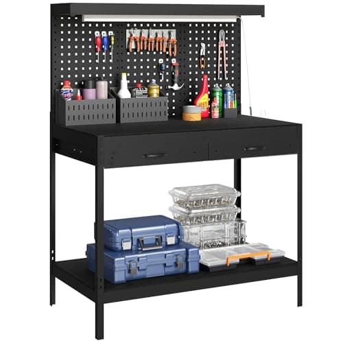 HOMCOM Banco de Trabajo, Carga 272 kg, 110x60x150 cm, Mesa de Trabajo con Tableros Perforados Metálicos, Toma de Corriente, Luces LED, 2 Cajones y Estantes, para Garaje y Taller, Negro